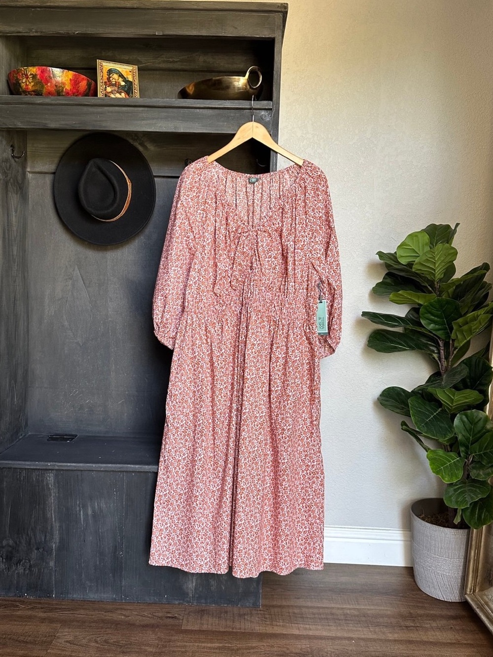 Terra & Sky Boho Womens Plus Size Midi Dress - Cinched Waist 3/4 Sleeve 4X